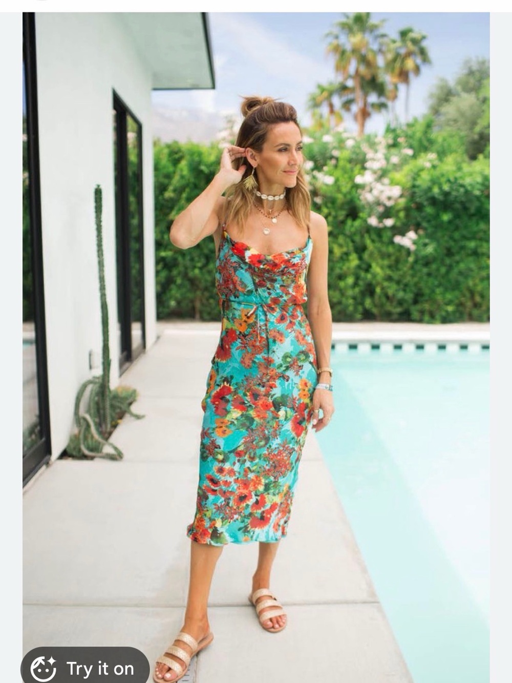 Willow & Clay Turquoise Floral Slip Midi Dress with Coral Accents